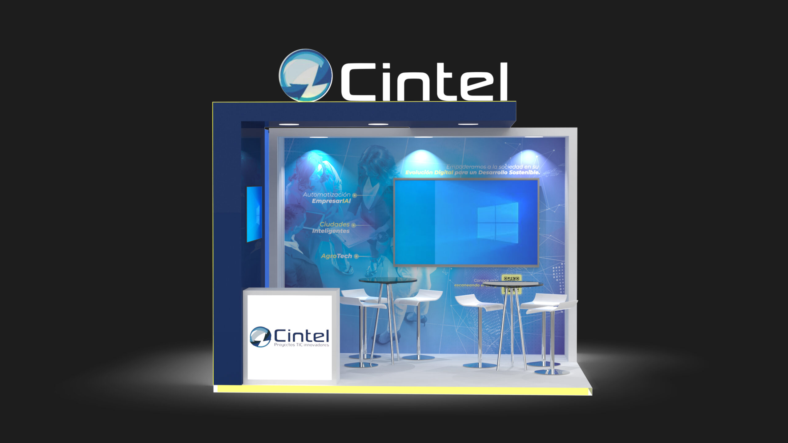 modelado 3d vista frontal stand cintel